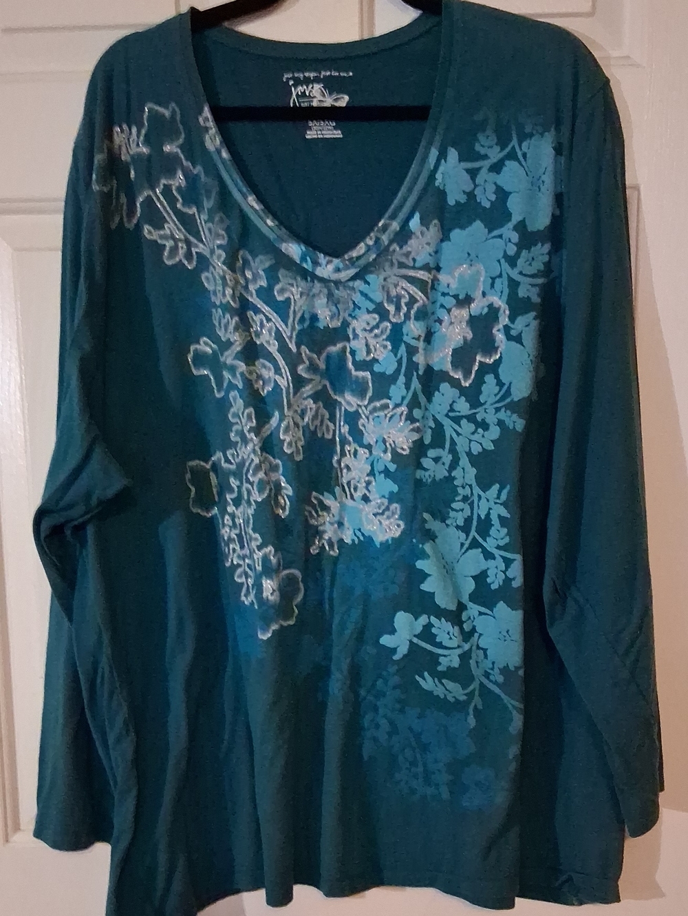 Just My Size Teal Long Sleeve V-Neck Floral Shine Tee